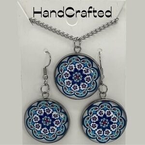 Hand Crafted Blue Silver Mandala Pendant Earrings Set NWT OS